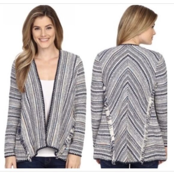 Lucky Brand Sweater Jacket Open Front Cardigan Fringe Boho Southwestern M Blue - Picture 1 of 9